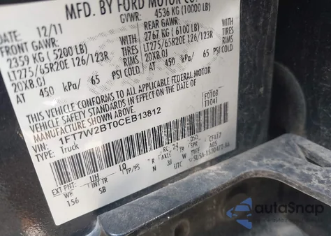 2012 Ford F-250 Lariat from USA, damaged, VIN 1FT7W2BT0CEB13812